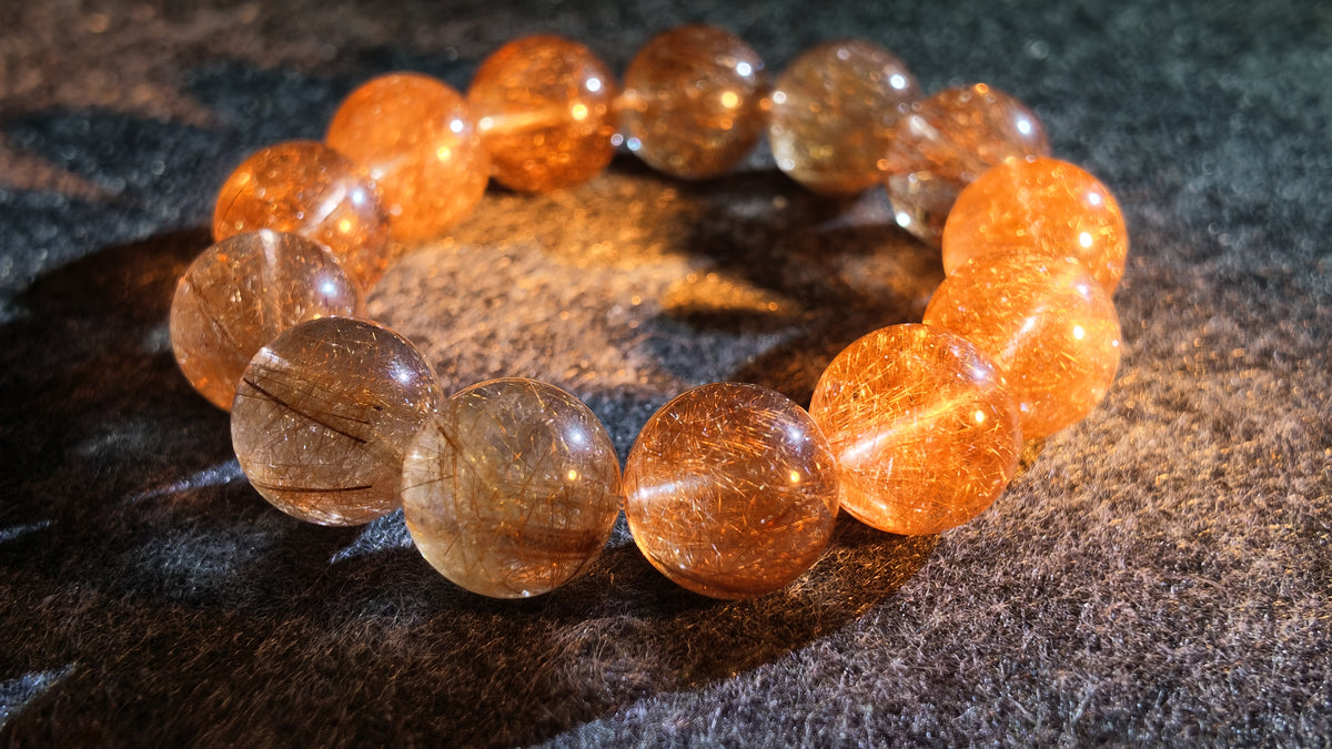 净体铜发晶单圈手串（带钛晶）丨High-Clarity Copper Rutilated Quartz Bracelet with Titanium Rutile
