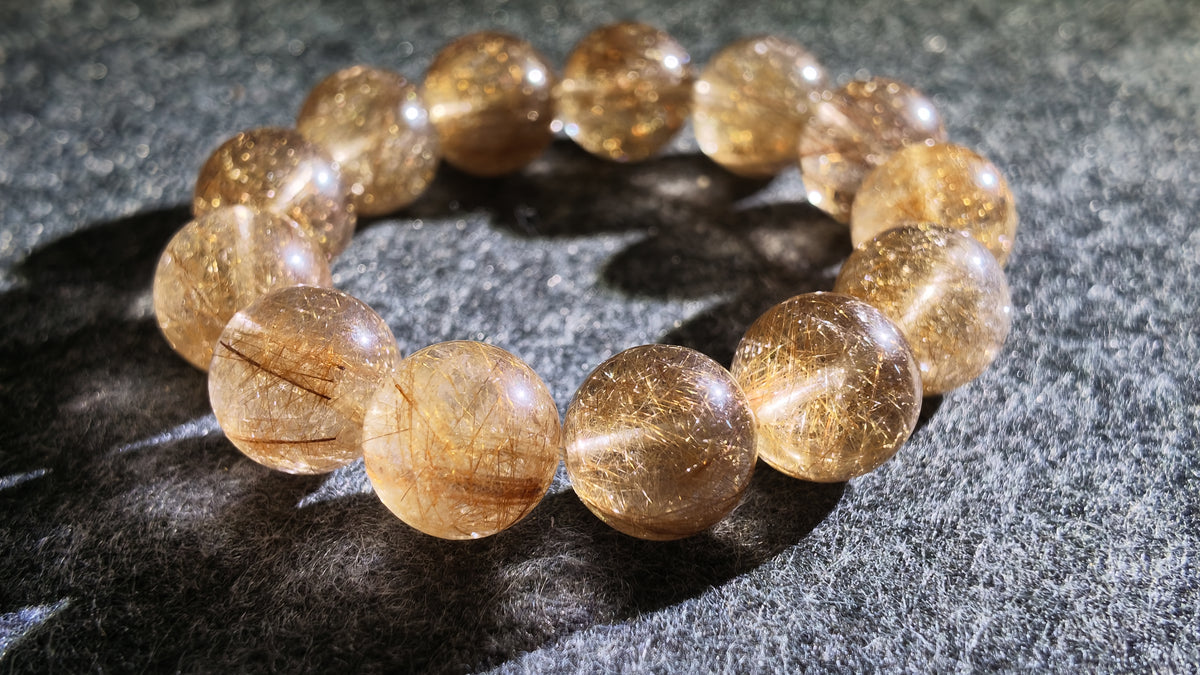 净体铜发晶单圈手串（带钛晶）丨High-Clarity Copper Rutilated Quartz Bracelet with Titanium Rutile